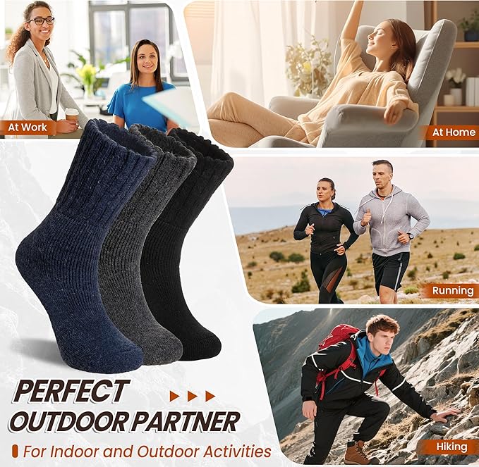 Eyean Merino Wool Socks Thermal Winter Ski Warm Thick Cozy Boot Hiking Socks for Women Men 3 Pairs