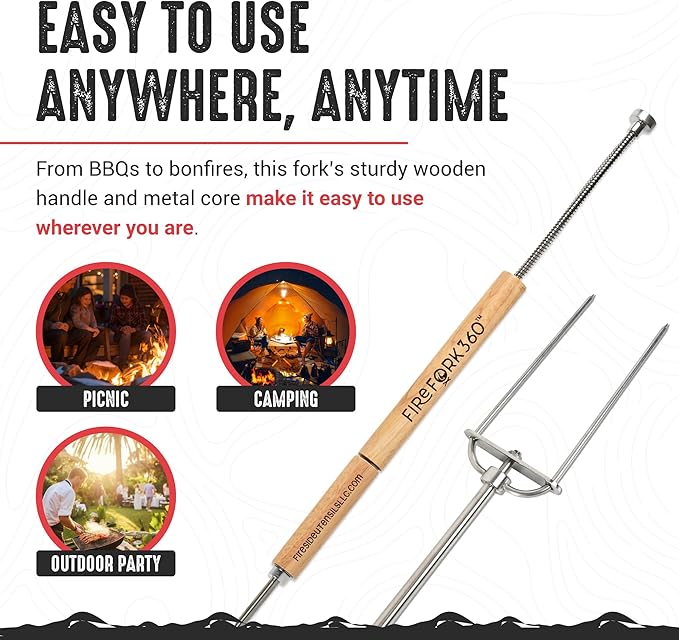 Extra Long Cooking Fork with Patented Rotating Handle and Food Ejector. Stainless Steel Camping Forks for Fire Pit, BBQ, Campfire Marshmallow Roasting Sticks, Hot Dogs, S'mores