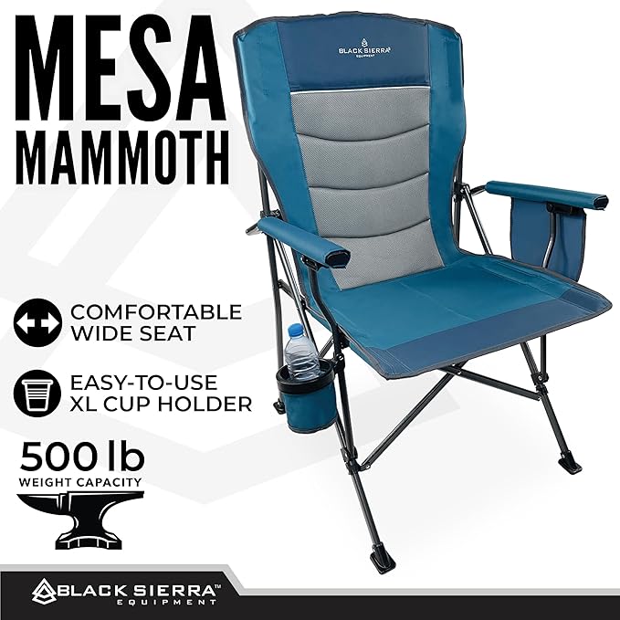 Black Sierra Oversize Camping Chair for Adults Supports 500 lbs, XL Heavy Duty Hard Arm Folding Chair, Steel Frame Durable Padded Outdoor Seat, Portable Fold Up Chair w/Cup Holder and Storage Bag