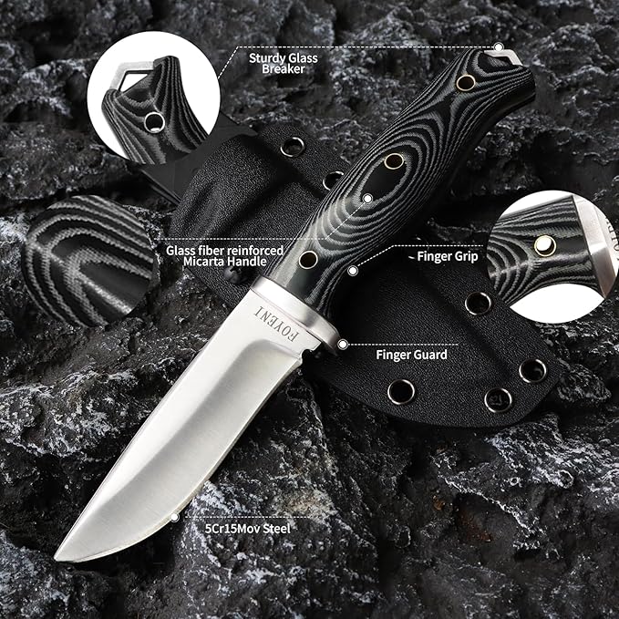 Survival Hunting Knife with Kydex Sheath,8.74" Full Tang Fixed Blade Knife,Micata Handle for Camping,Fishing,Hiking,Outdoor,Bushcraft