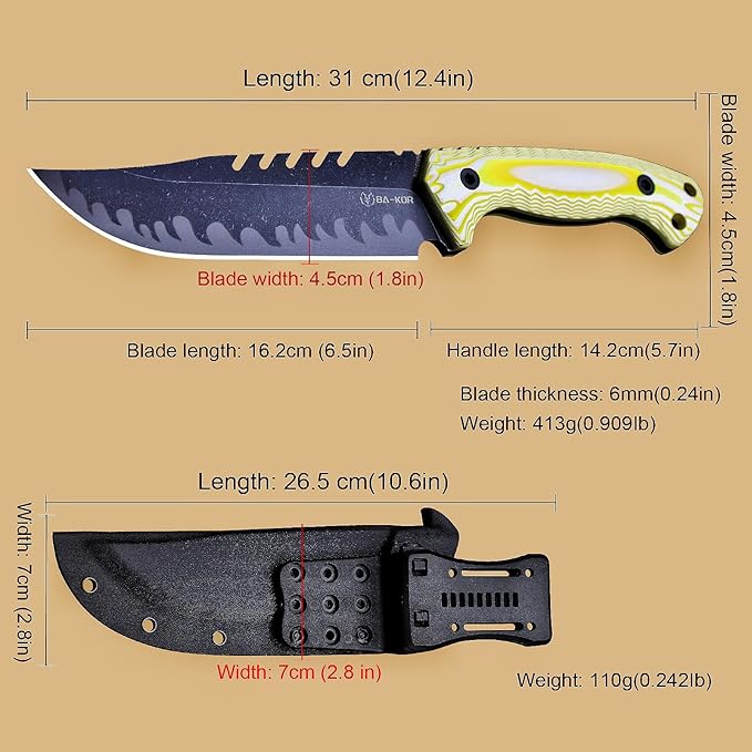 BA-KOR 12.4in Full Tang Fixed Blade Hunting Knife โ 6mm 9CR18MoV Steel, G10 Handle, Stonewashed Sawback Blade with Kydex Sheath & Fire Starter for Outdoor, Camping, Survival (White and yellow stripes)