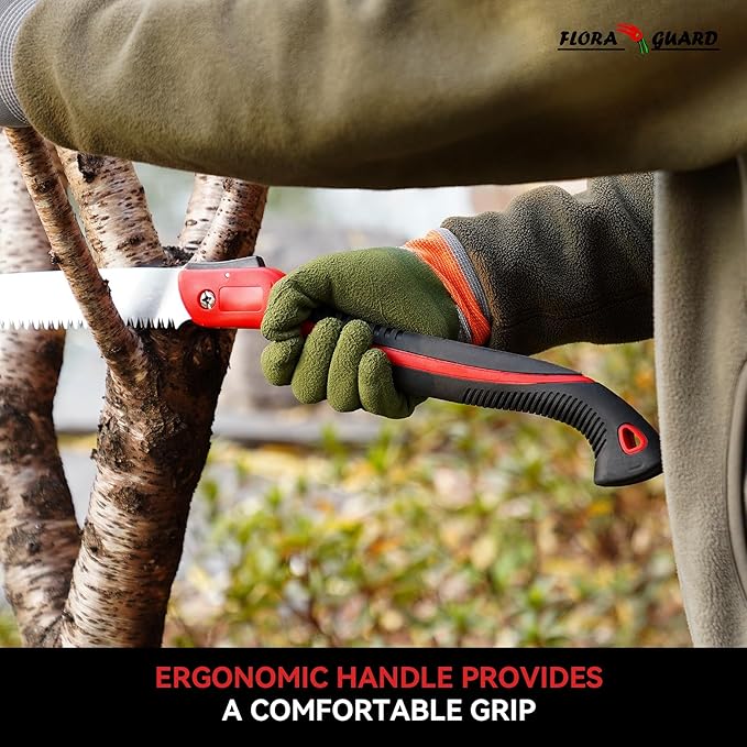 FLORA GUARD 10-Inch Folding Saw, Heavy Duty Hand Saw with Multi-Level Razer Teeth for Wood Cutting, Tree Trimming Camping Gardening Tools (Red-10")