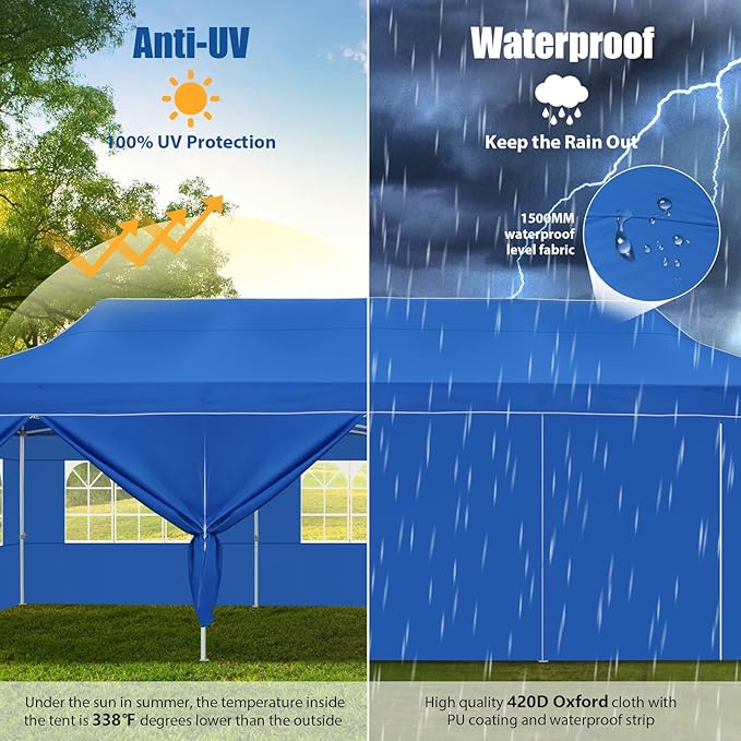 HOTEEL 10x30 Pop up Canopy Tent for Parties, Heavy Duty Easy Setup Tent with 8 Sidewalls, Outdoor Commercial Instant Gazebo for Wedding Event, with Portable Bag & Sand Bags, Blue(Hexagonal Frame)