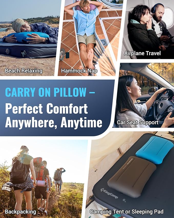 KingCamp Memory Foam Camping Pillow, Extra Large Inflatable Camp Pillow, Portable Ergonomic Air Pillow with Removable Washable Cover for Camping, Hiking, Car, Beach, Travel