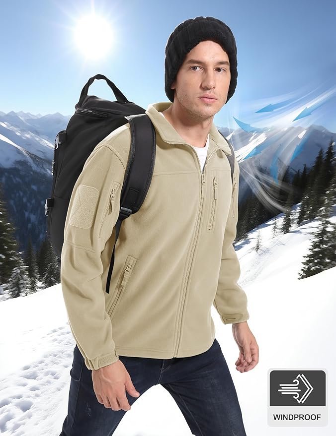 CRYSULLY Men's Fleece Jacket Tactical Full-Zip Winter Coat Jackets Multi Pockets