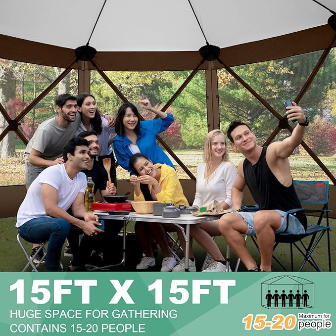 COBIZI 15x15ft Extra Large Pop-Up Gazebo Canopy Tent with Mosquito Netting, Spacious Easy Set-Up Screened Shelter, Durable Outdoor Pavilion with Ground Stakes, Perfect for Patio, Backyard, and Lawn