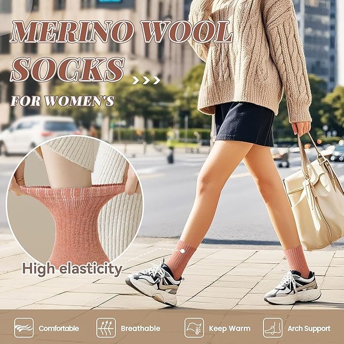 Merino Wool Socks For Women Hiking Winter Boot Thermal Warm Thick Cozy Work Crew Socks 5 Pairs