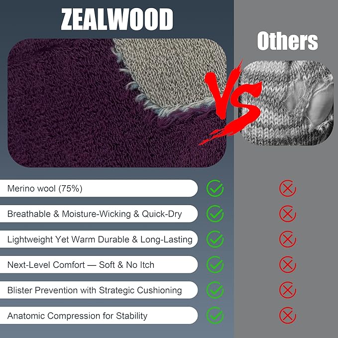 ZEAL WOOD Merino Wool Crew Hiking Socks for Women And Men with Full Cushion Moisture Wicking Walking Work Boot Socks