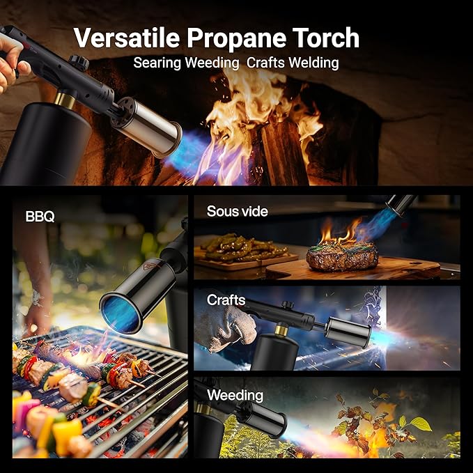 Propane Torch with One-Touch Max Fire, Cooking Blow Torch Gun with a Safety Lock, Charcoal Lighter, Flame Thrower, Kitchen Food Torch Head for Grill, Sous Vide, BBQ, Coal Black