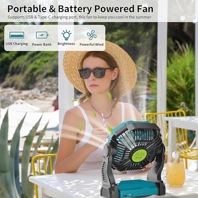 Battery Powered Fan๏ผ270ยฐ Rotating Battery Operated Camping Fan Rechargeable, USB Desk Personal Table Cordless with Hook, Outdoor Camping for Tents,Travel X23 Cyan