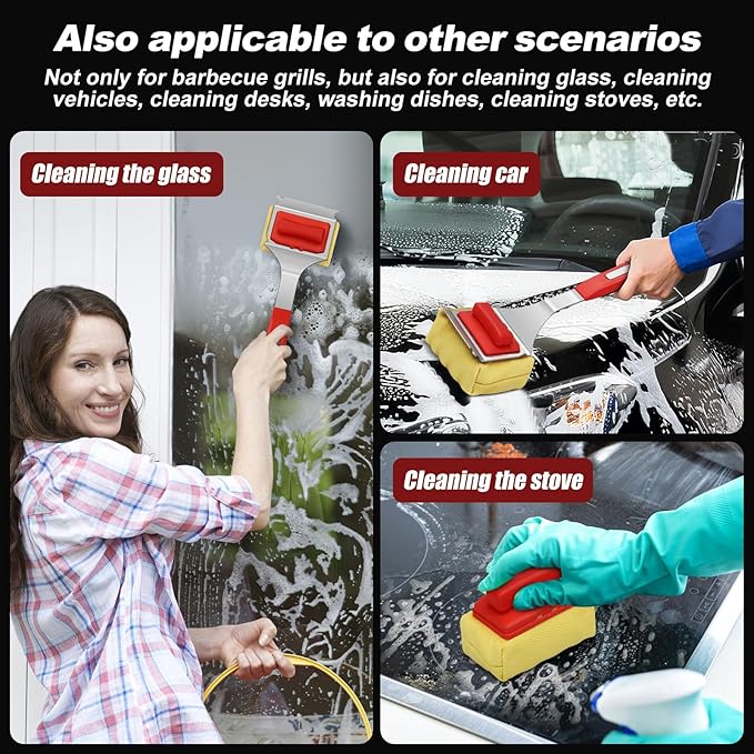 Steam Safe Grill Cleaning Brush Bristle Free and Scraper for Outdoor Grill with 15" Extended Handle, 3X Thick Aramid Fabric Replaceable Brush Heads, Triple-Groove Scraper Design for All Grates, Red