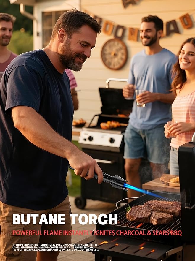 Bright Fire Torch Lighter Butane Refillable, Long Jet Flame Butane Lighter with Long Handle, Adjustable Windproof Lighters for Cooking Fireplace Camping BBQ Lighters Gift for Man (Without Fuel) Black