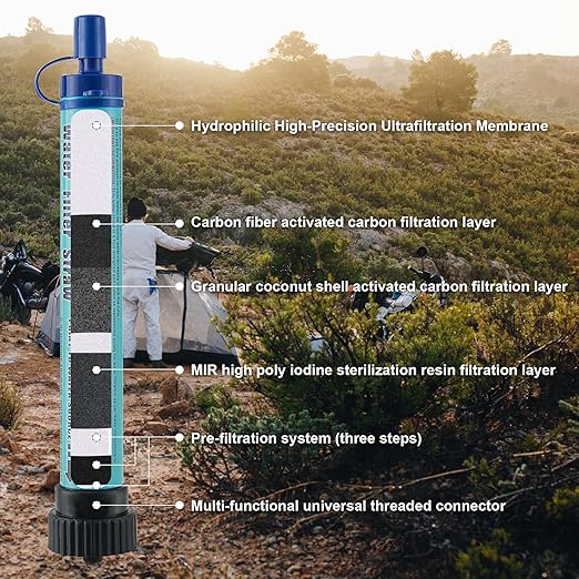 Water Filter Straw Kit Outdoor Portable Personal Water Filter Straw Water Purifier Survival Gear and Equipment for Hiking Camping Travel and Emergency Blue