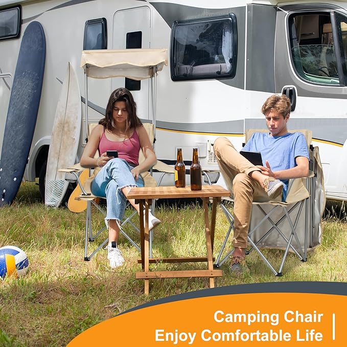 Camping Chair 2 Pack Portable Camping Chair with Canopy,Folding Chair with Canopy, Durable 600D Oxford Canopy Chair for Camping, Beach, Picnics, Fishing & Sports.Beige