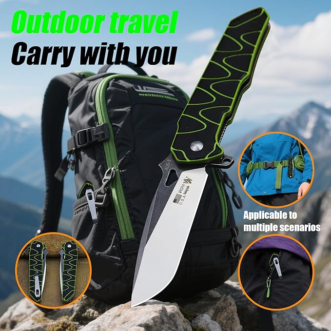 8.4in Folding Knife AUS-8 Steel Blade, G10 Handle with Anti-Slip Texture, Ball Bearing Pivot, Stonewashed Finish, EDC Pocket Knife for Camping, Hiking, Survival (AUS-8 (G10 black/green))