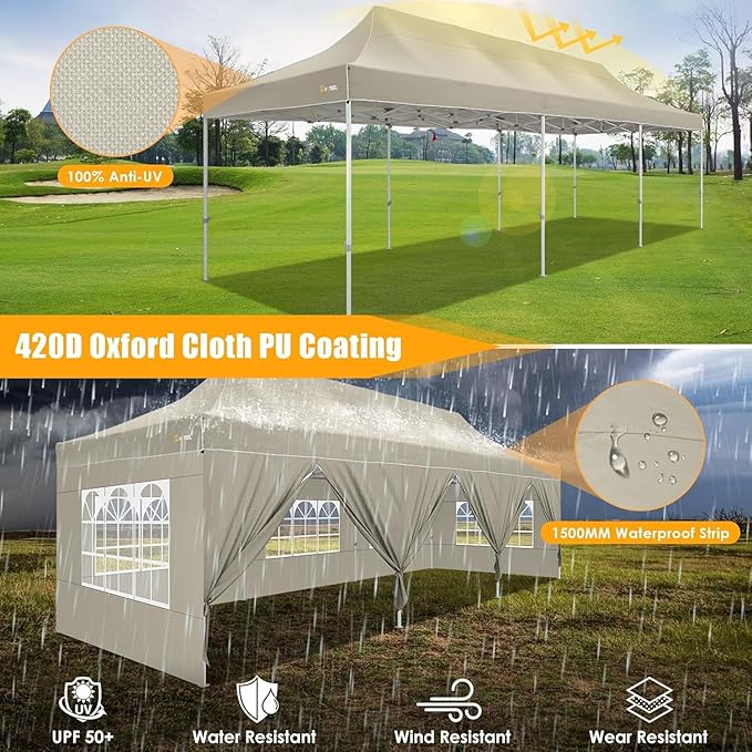 HOTEEL Tents for Parties 10x30 Pop Up Canopy Tent Heavy Duty with 8 Sidewalls, Commercial Party Tent Event Wedding Instant Canopy Waterproof with Carry Bag, UV 50+, Thicked Hexagonal Legs, Khaki