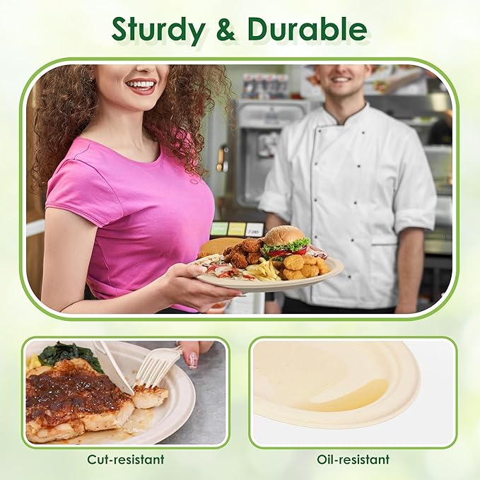 100pc Disposable Oval Paper Plates, 12.5" Biodegradable Compostable Heavy Duty Bagasse Platters Eco-Friendly Sugarcane Plates for BBQ, Party, Picnic - Natural Pulp