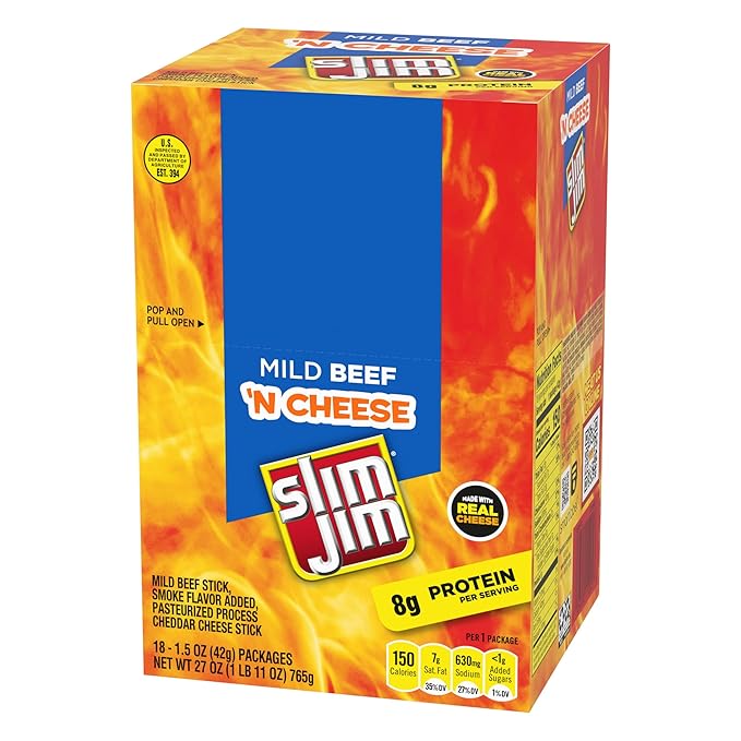 Slim Jim Beef 'N Cheese Smoked Meat Sticks, Mild Flavor, 8g Protein Per Serving, 1.5 oz. (18 Count)
