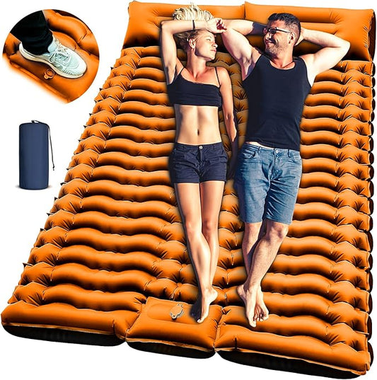 Double Size Camping Sleeping Pad - 4 Inch Self Inflating Air Mattress for Couples, Built-in Foot Pump & Pillow, Extra Thick Waterproof Sleeping Mat for Tent, Outdoor Travel—Orange