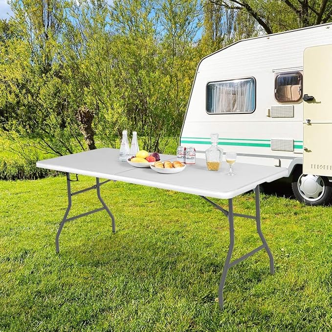 GYMAX 6FT Folding Tables, Portable Lightweight Camping Table with Carry Handle, Easy Fold Up Indoor/Outdoor Collapsible Table for Camp, Picnic, Patio (Basic White No Umbrella Hole)