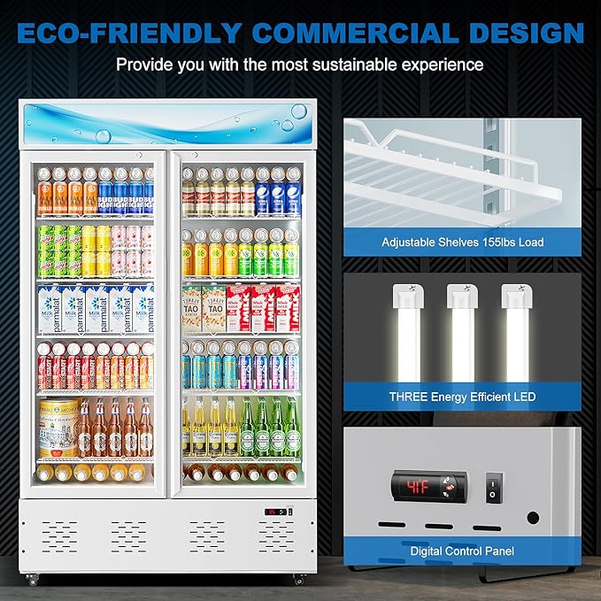 40 Cu.ft Commercial Beverage Refrigerators Glass Door Refrigerator Commercial Cooler with LED Light and 10 Shelves, Display Refrigerator for Restaurant Store Cafe Bar, White