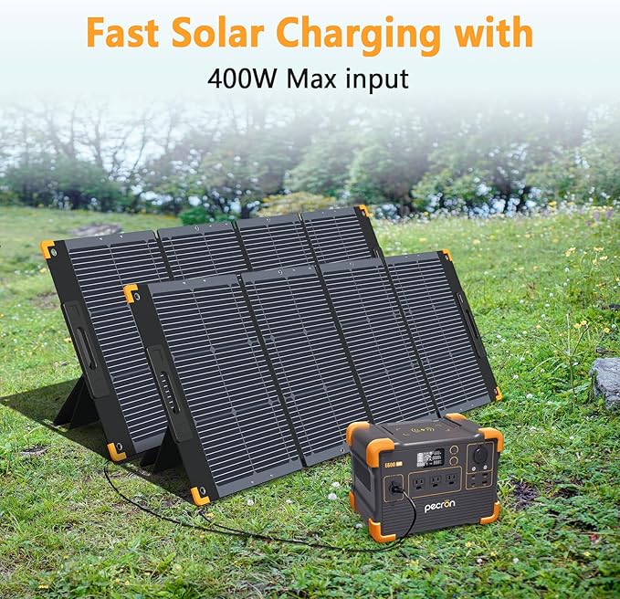 pecron Portable Power Station 614Wh E600LFP with 200W Solar panel Solar Generator with 3X1200W AC Outlets 100W USB-C PD Output LiFePO4 Battery Backup for Outdoor Camping Emergency