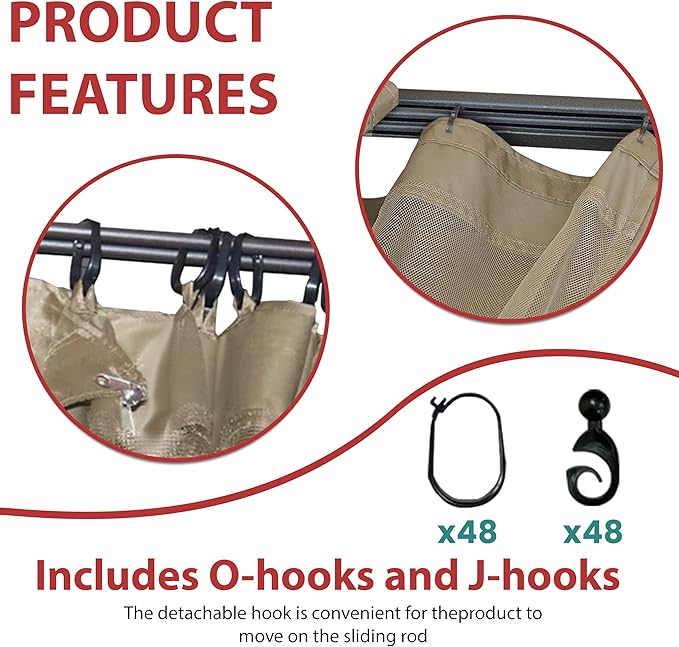 Coastshade Gazebo Canopy Mesh Walls Replacement 10x10 Gazebo Pergola Mosquito Screen Netting for Gazebos with 48Curtain Rings & 48Rail Hooks,Khaki