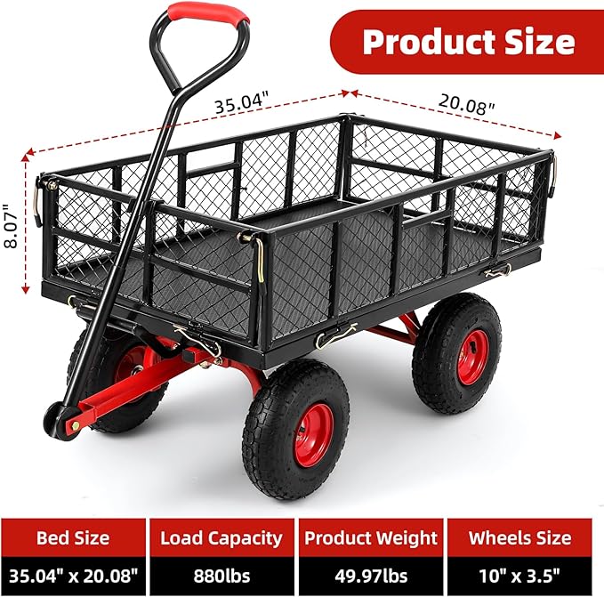 Heavy Duty Steel Garden Dump Cart 880 Lbs Capacity, Metal Garden Wagon with Removable Mesh Sides, Utility Metal Dump Wagon with 180° Rotating Handle, 10-inch All Terrain Wheels & Utility Liner