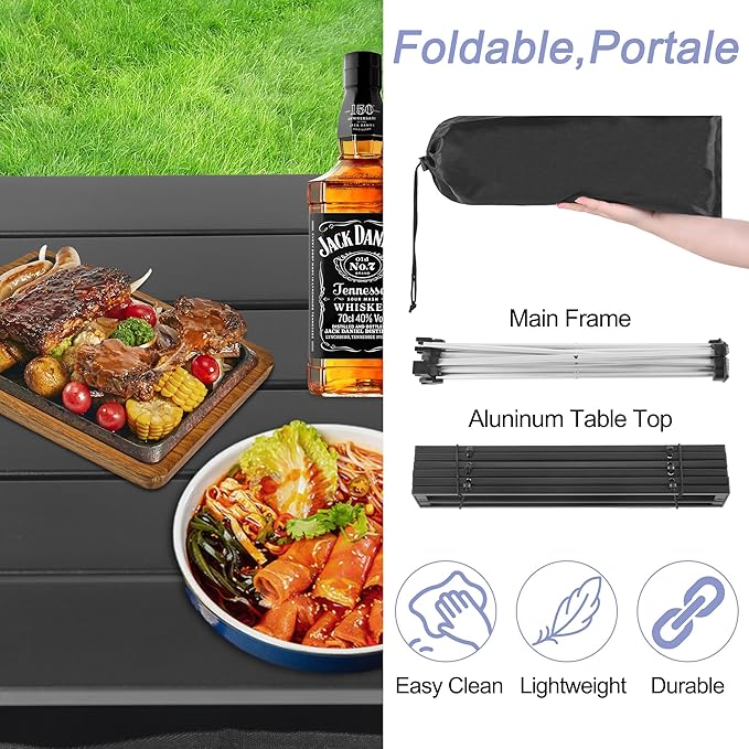 Grope Portable Camping Table Ultralight Aluminum Camp Table with Storage Bag,Beach Table for Sand with Carrying Bag,Prefect for Outdoor,Picnic,BBQ,Cooking,Festival (Black with Storage Bag, Medium)