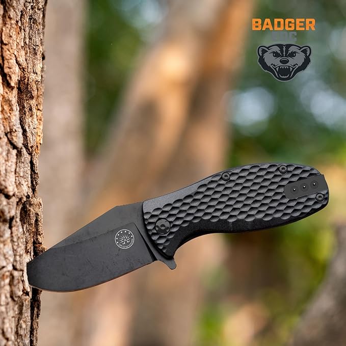 Off-Grid Knives - Badger EDC Folding Knife with Sandvik 14C28N Blade, Ball Bearing Pivot, G10 Scales, Grid-Lock, Ambidextrous Deep Carry Clip (Blackwash)
