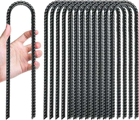 Gtongoko 12 Pack Trampoline Stakes Anchors High Wind, 12 Inch Ground Anchors Heavy Duty, Trampoline Tie Down Anchor Kit, Ground Stakes Galvanized Steel, U Shaped, Black