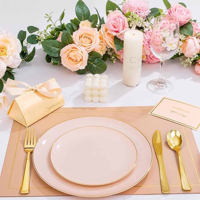 KIRE 175PCS Pink Plates Disposable - Heavy Duty Pink and Gold Plastic Plates Dinnerware Sets - 25 for Dinner 25 for Dessert 25 Pre Rolled Napkins 25Cups for Birthday Party/Wedding