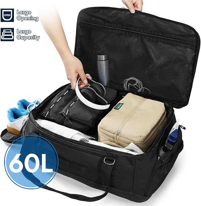 Haimont 60L Foldable Duffle Bag Backpack with Shoe Compartment, Large Travel Duffel for Gym, Sports, Luggage, Camping, Men & Women, Black