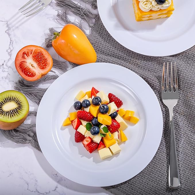 WELLIFE 100 Pieces White Plastic Dessert Plates with 100pcs Silver Disposable Forks, Premium Hard Salad Plate 7.5”, Appetizer Plastic Plates for Wedding, Party