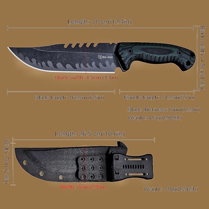BA-KOR 12.4in Full Tang Fixed Blade Hunting Knife โ 6mm 9CR18MoV Steel, G10 Handle, Stonewashed Sawback Blade with Kydex Sheath & Fire Starter for Outdoor, Camping, Survival (Green and black stripes)