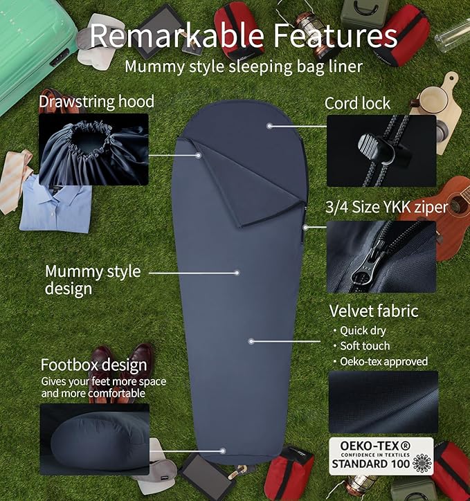 Velvet Velour Sleeping Bag Liner Add Up to 14°F/ 8°C, Anti Static Mummy Sleeping Sack Backpacking, Camping, Traveling, Hotel, Hostal, Lightweight Sleep Sack with Drawstring Hood E625