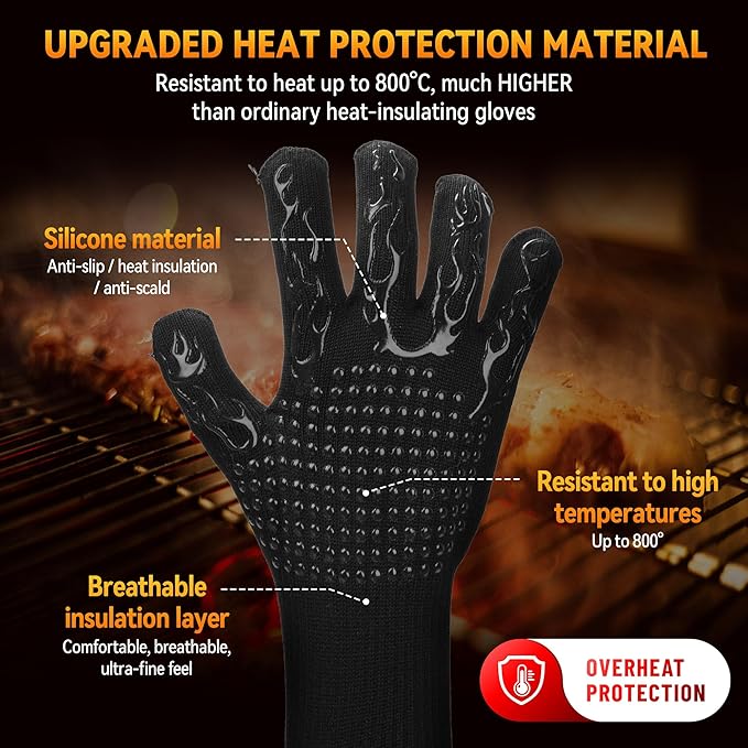 Professional Heat Resistant Gloves 1472°F, Fireproof Aramid Fiber/Silicone/Cotton BBQ Gloves for Grilling, Oven, Fireplace, Cooking & Heavy Duty Kitchen Handling(A Pair for Sale)