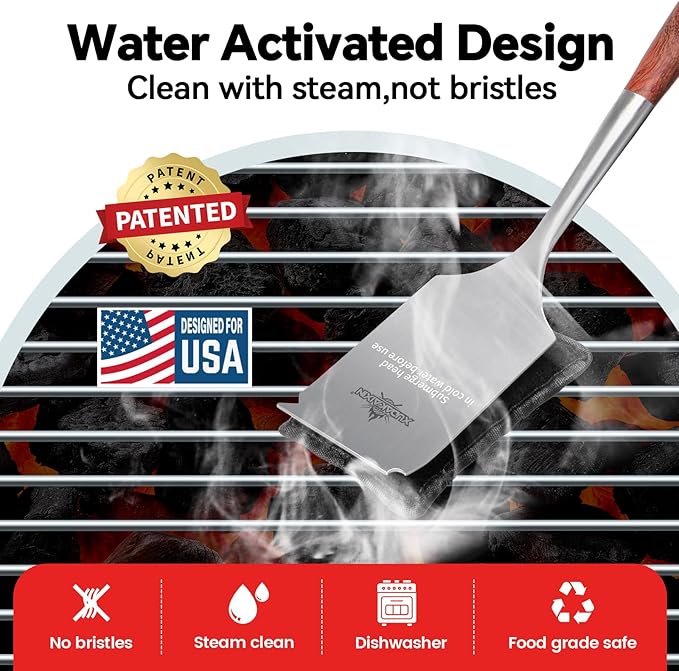 Bristle-Free Steam Cleaning Grill Brush,with Extended Luxurious Rosewood Handle and 1 Replacement Head,BBQ Grill Cleaning Brush Kit,Safe Grill Cleaner for Outdoor Grill,Gifts for Men/Dad