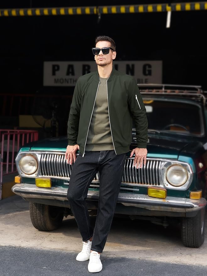 TACVASEN Mens Bomber Jacket Plaid Lined Casual Windbreaker Stylish Light Fall Spring Jackets Windproof Zip Up Coat