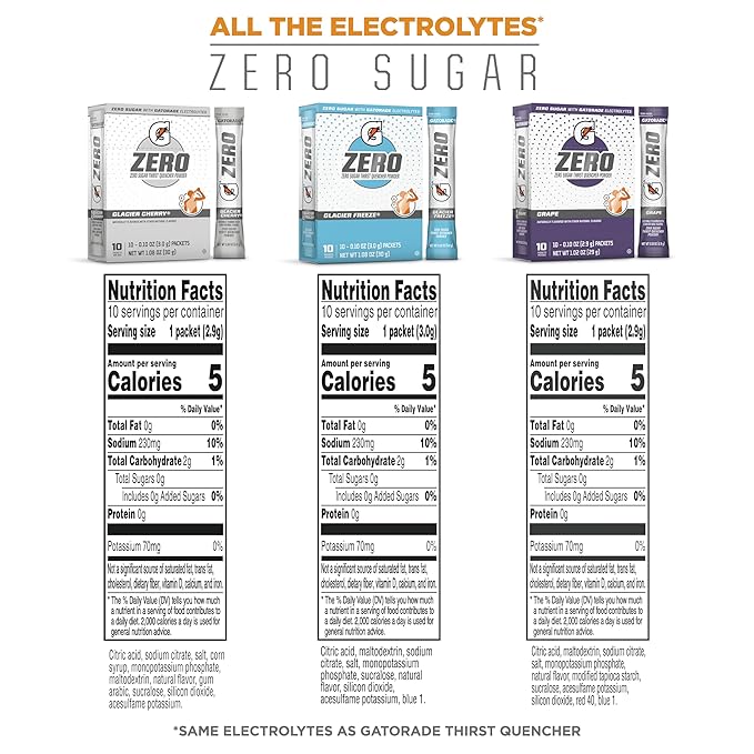 Gatorade G Zero Sports Drink Mix Powder Packets, 3 Flavor Frost Variety Pack, Electrolyte Powder Drink Mix for Hydration, Zero Sugar, 30 Total Packets