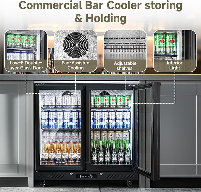 BODEGACOOLER Commercial Beverage Bar Cooler with 2 Glass Doors,7.7 Cu.ft Counter Height Back Bar Refrigerator LED Lighting for Soda Drinks,Beer,Wine with Stainless Steel Top,DOE Approved,4 Casters