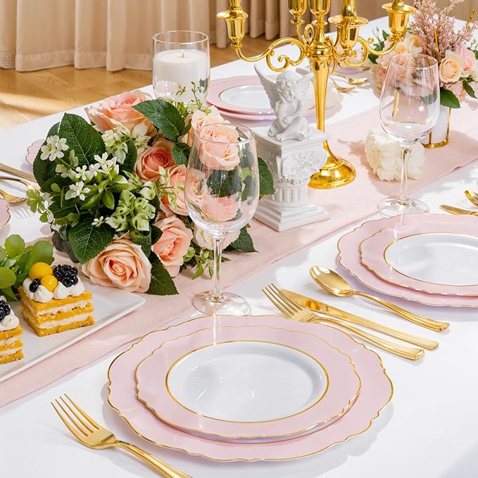 WDF 60pcs Pink Plastic Plates - 10.25inch Baroque Pink And Gold Disposable Dinner Plates for Upscale Parties -Special for Wedding, Party,Birthdays, Baby Shower
