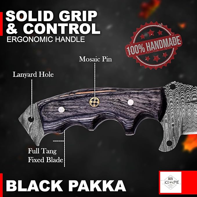 KIMPE 10.5’’ Damascus Hunting Knife with Leather Sheath-Fixed Blade EDC Knife-Bushcraft Knives-Wood Handle-Best Camping & Survival Knives-Knives for Men. (Pakka-Grey)