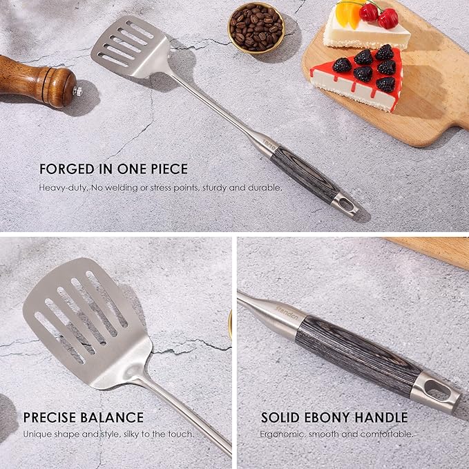18/10 Stainless Steel Kitchen Utensils Set with Wooden Handle, 8Pcs 15” Long Cooking Utensil Set & Kitchen Gadgets Cookware Set, Serving Utensils-Spatula, Turner, Pasta, Serving Spoon, Skimmer, Ladle