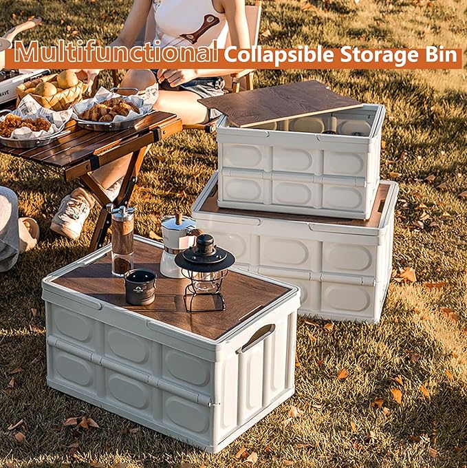 VPTMRP Collapsible Storage Bin with Handles and Wooden Lid, Large Capacity Stackable Utility Crates Holds 33lbs for Outdoor Home Storage Organizing Moving (30L/7.9Gal)