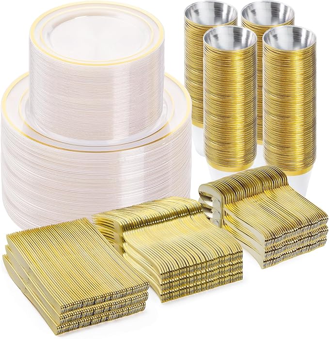 600PCS Clear Gold Dinnerware Set for 100 Guests, Plastic Plates for Party, Christmas and New Year, 100 Disposable Plates, 100 Dessert Plates, 100 Cups, 100 Spoons, 100 Forks and 100 Knives