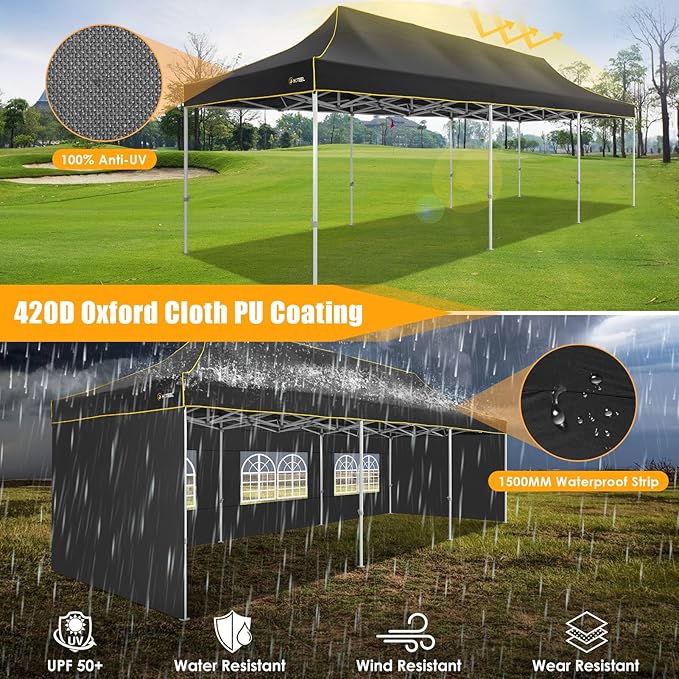 HOTEEL Tents for Parties 10x30 Heavy Duty Pop Up Canopy Tent with 5 Sidewalls&Wheeled Bag, Commercial Event Party Tent Wedding Instant Canopy Waterproof, UV 50+, Upgraded Thicked Hexagonal Legs, Black