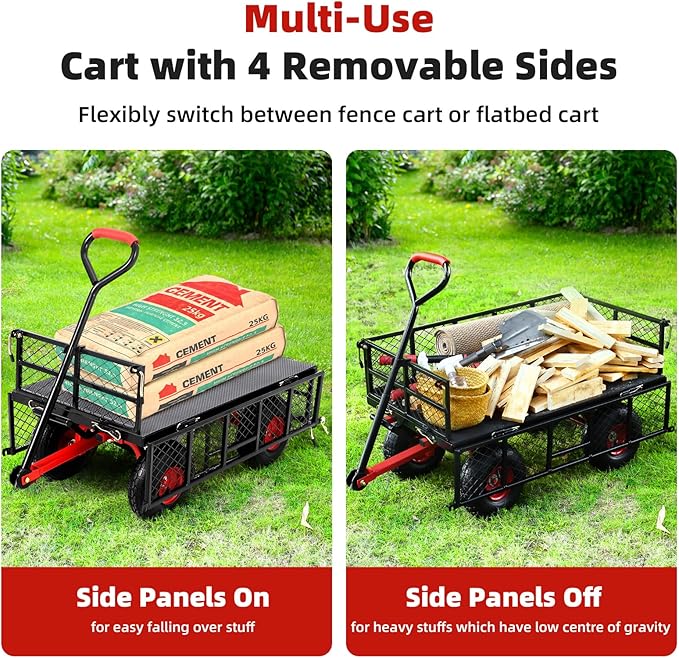 Heavy Duty Steel Garden Dump Cart 880 Lbs Capacity, Metal Garden Wagon with Removable Mesh Sides, Utility Metal Dump Wagon with 180° Rotating Handle, 10-inch All Terrain Wheels & Utility Liner
