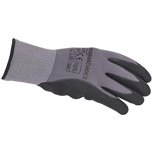 Amazon Basics Micro-Foam Nitrile Coated Work Gloves, Nylon Liner Fiber, Touch Screen, Grey, Size 10/XL, 12-Pair