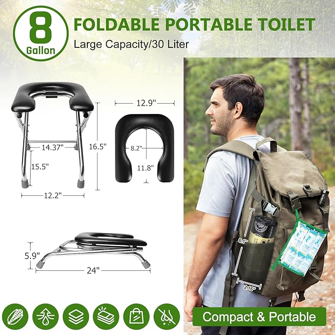 BLIKA Portable Toilet for Camping, 350LBS Stainless Steel Foldable Camp Travel Toilet with Soft Seat for Adults, Portable Potty for Camping, RV Travel, Road Trips, Includes Waste Bags with Gel